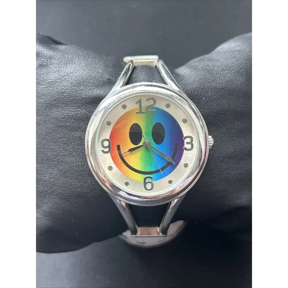 Smiley Face Silver Tone Women’s Cuff Watch